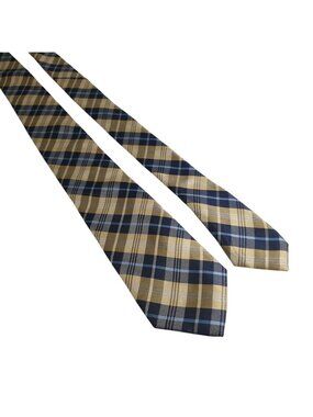 Chaps Men Preppy Plaid Skinny Tie Gold Navy Blue Checkered Slim 48 x 2.5 Inch